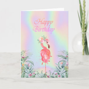 Carte  Flamants Roses Fleurs Anniversaire Holographique 