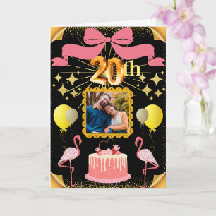 Carte Flamants roses Noir & Or 20e anniversaire de fille