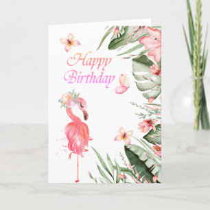 Carte Flamants roses Papillons Feuilles tropicaux Annive