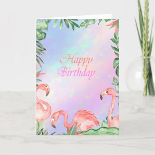 Carte Flamants roses roses Holographique tropicale Anniv