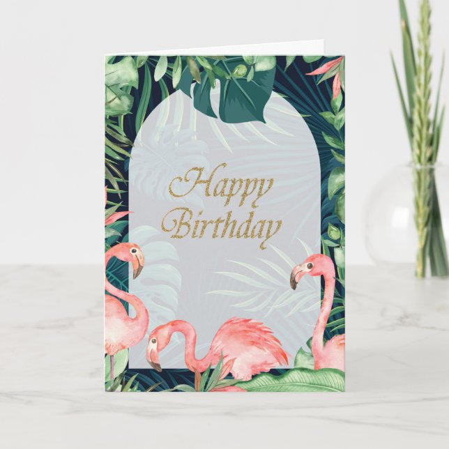 Carte Flamants roses roses Palm Tropical Feuille Anniver (Devant)