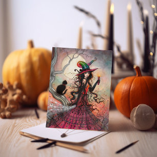 Carte Flamme d'octobre Halloween Sorcière Chat Noir Art