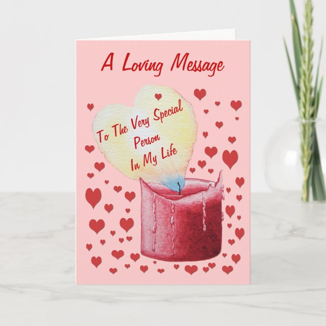 Carte flamme en forme de coeur rouge bougie avec couplet (Devant)