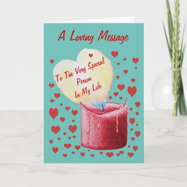 Carte flamme en forme de coeur rouge bougie avec couplet (Devant)