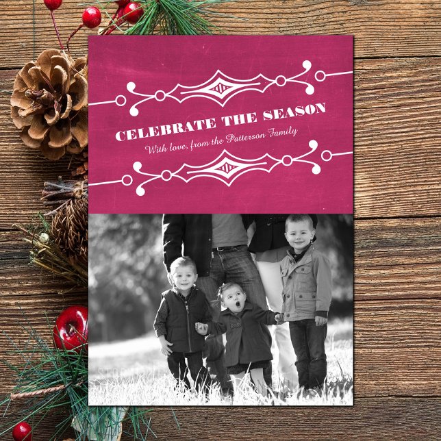 Carte Flat Fuchsia Slanted Chalkboard Holiday (Fuchsia Slanted Chalkboard Holiday Photo Card)