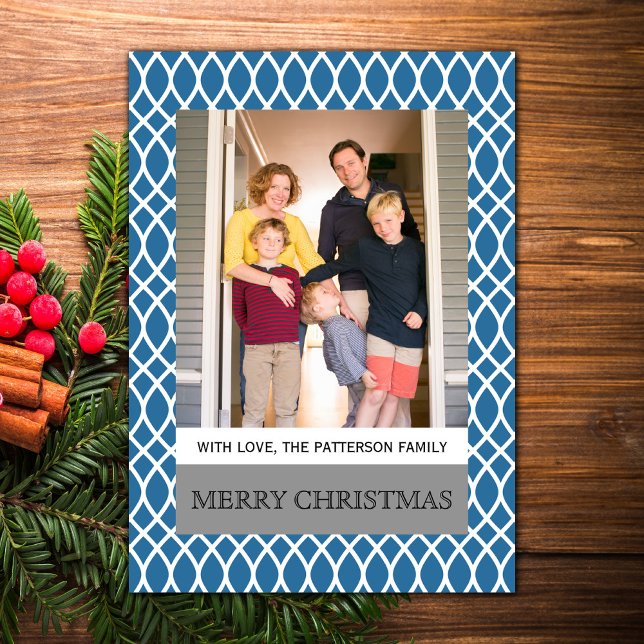 Carte Flat photo Blue Elegant Lattice (Blue Elegant Lattice Holiday Photo Card)