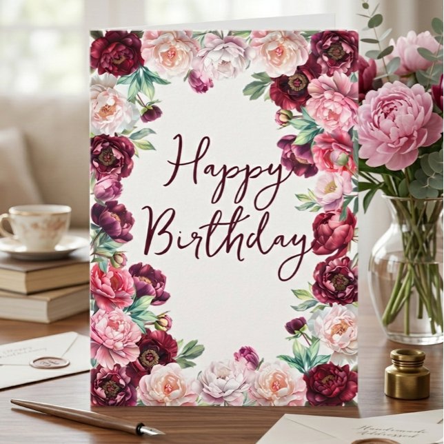 Carte Fleur aquarelle de paeonies d'anniversaire (Créateur téléchargé)