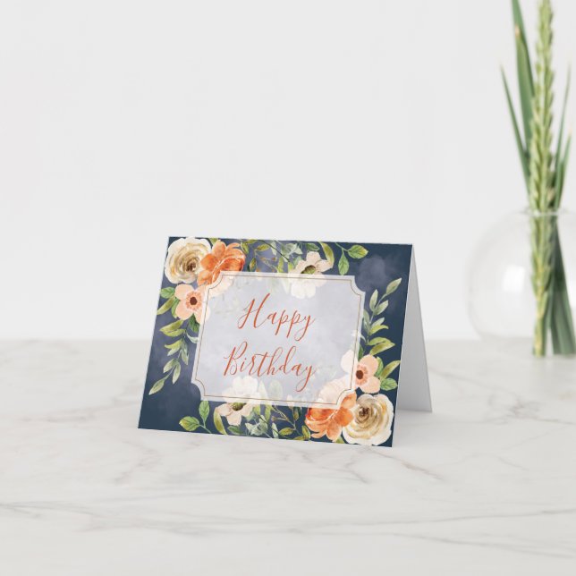 Carte Fleur Bleu et Orange Joyeux Anniversaire (Devant)