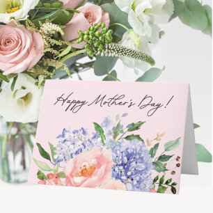 Carte Fleur bleu rose aquarelle Joyeuse Fête des Mères