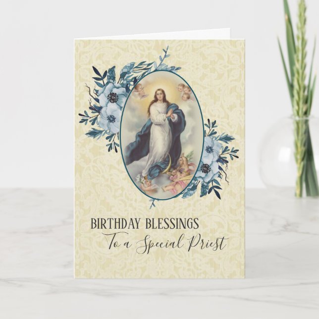 Carte Fleur Bleue | Anniversaire du Prêtre | Vierge Mère (Devant)