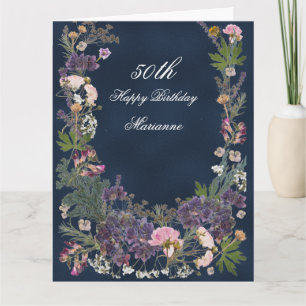 Carte Fleur botanique d'anniversaire sur Moody Navy Blue