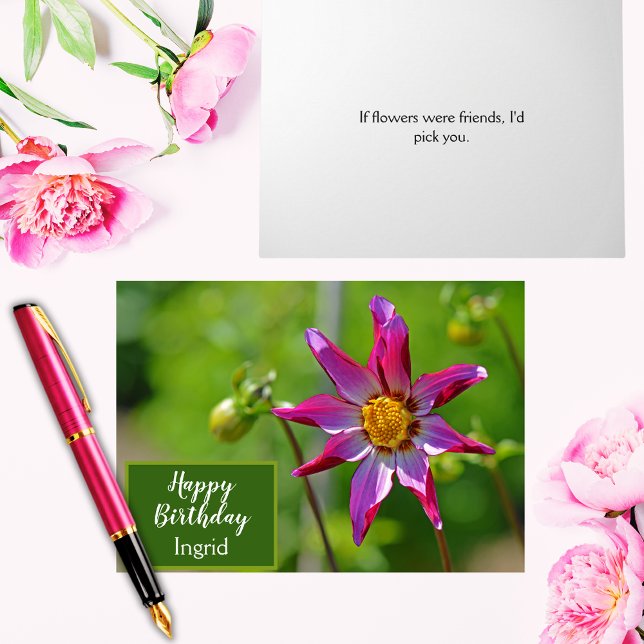 Carte Fleur Dahlia rose et violet Anniversaire (Pink Dahlia Happy Birthday Greeting Card)