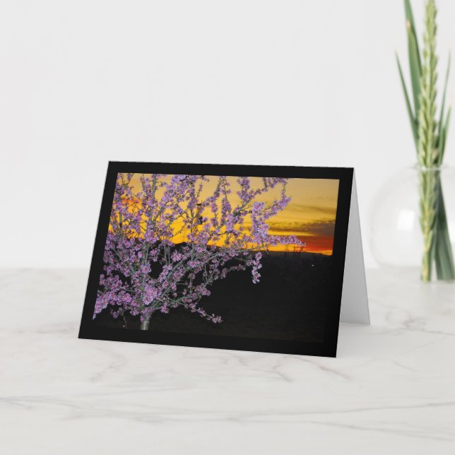 Carte Fleur d'amandier rose dans un ciel jaune (Devant)