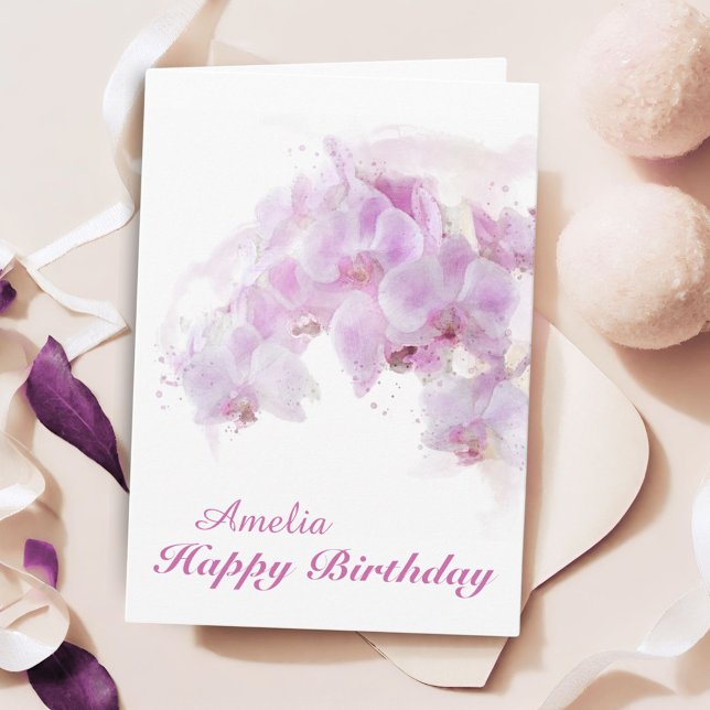 Carte Fleur d'aquarelle d'orchidée rose Anniversaire (Créateur téléchargé)