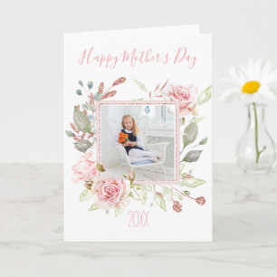 Carte Fleur d'aquarelle rose avec photo Fête des Mères