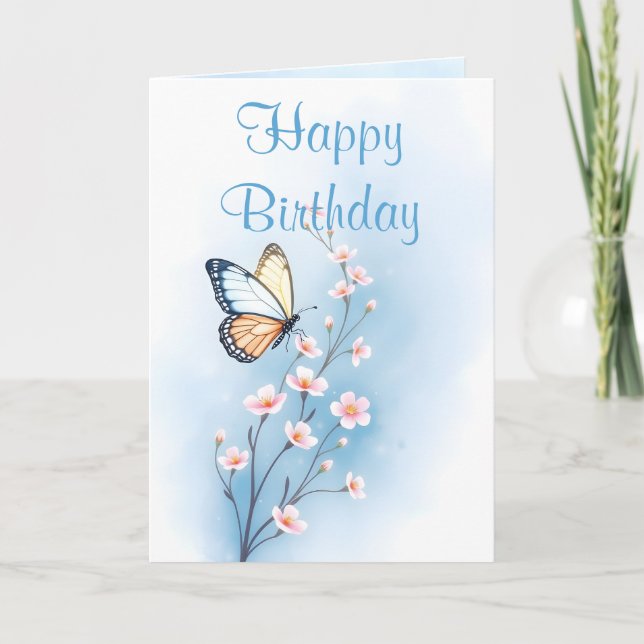 Carte Fleur de lavis bleu Papillon Joyeux Anniversaire (Devant)
