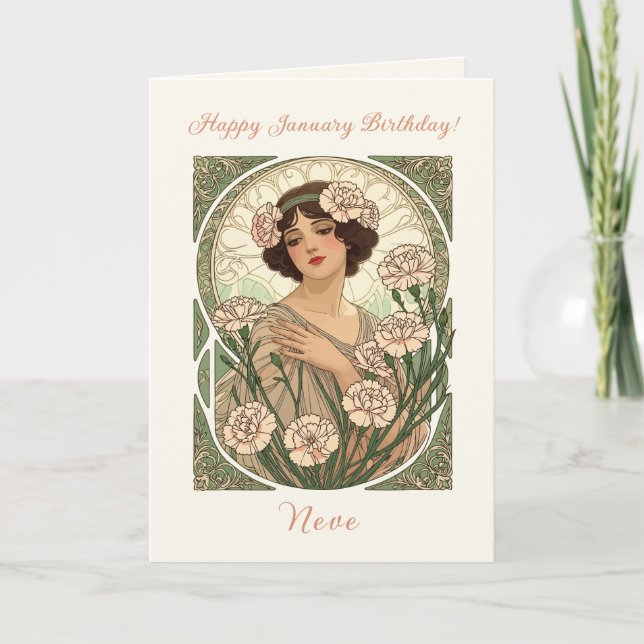 Carte Fleur de naissance de janvier Dianthus rose Art no (Devant)