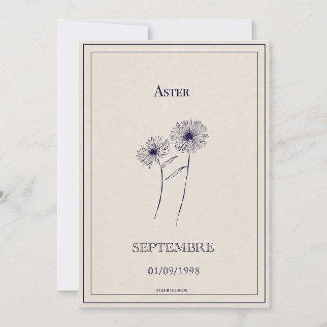 Carte fleur de naissance mois de septembre aster. (Devant)
