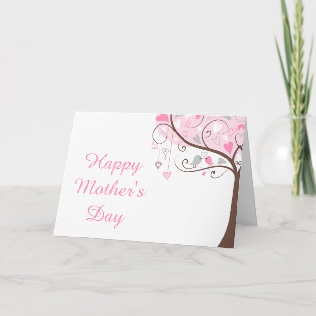Carte Fleur de oiseau rose et gris pour la fête des mère (Devant)