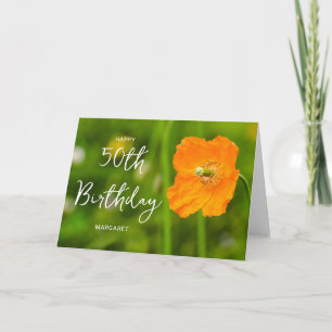 Carte Fleur de pavot orange sur vert Joyeux 50e annivers
