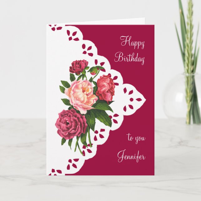 Carte Fleur de pivoine vintage Anniversaire Nom personna (Devant)