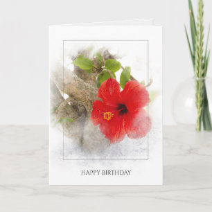 Carte fleur d'hibiscus rouge d'anniversaire en cadre arg