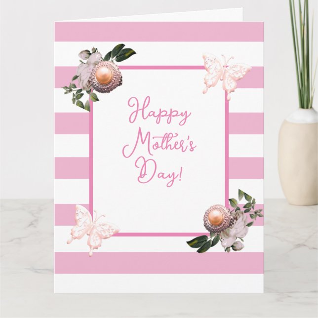 Carte Fleur et rayure rose et blanc pour la fête des mèr (Devant)