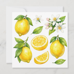 Carte Fleur, feuilles et fruit de citron à l'aquarelle