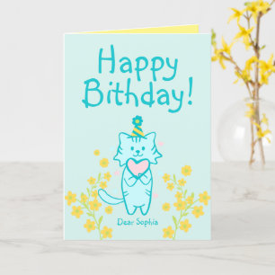 Carte Fleur Jaune&Bleu Chat portant Casquette&Coeur Anni