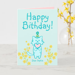 Carte Fleur Jaune&Bleu Chat portant Casquette&Coeur Anni