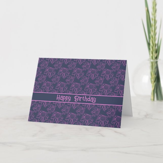 Carte Fleur Motif de ligne rose Bleu Joyeux anniversaire (Devant)