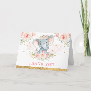 Carte Fleur rose pâle bébé Eléphant Fille Merci
