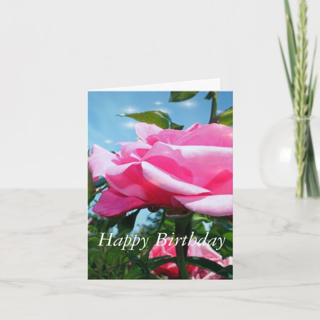 Carte Fleur rose rose et feuilles verts en bleu (Devant)