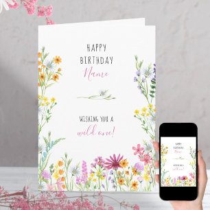 Carte Fleur Sauvage Jolie Aquarelle Fête d'Anniversaire