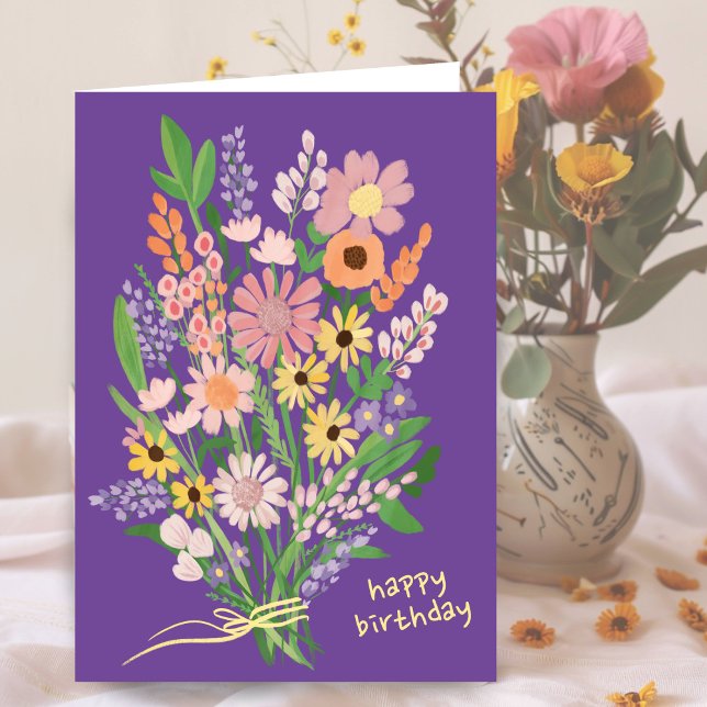 Carte Fleur sauvage peint à la main Gouache Joyeux anniv (Wildflowers Handpainted Gouache Painting custom Happy Birthday Card
)