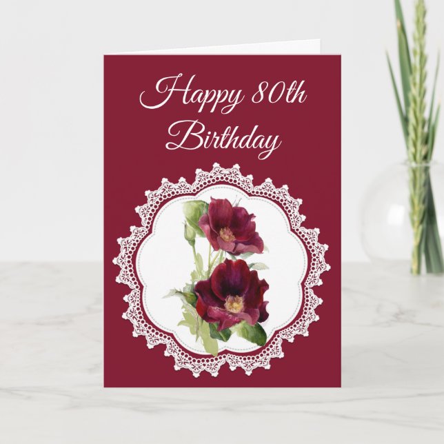 Carte Fleur vintage Roses rouges 80e anniversaire Person (Devant)