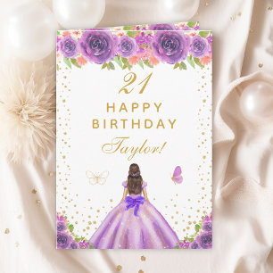 Carte Fleur violet Brunette Cheveux fille Joyeux anniver