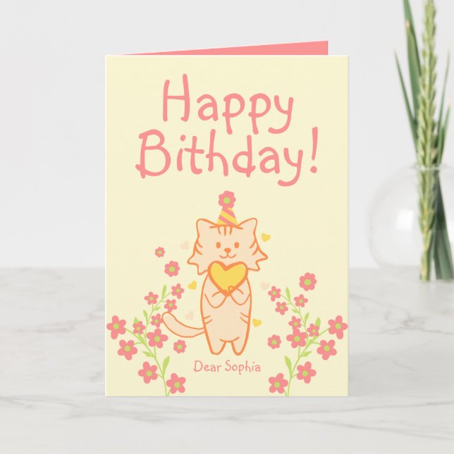 Carte Fleur vive&Cute Chat portant Casquette&Coeur Anniv (Devant)