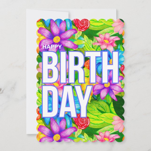 Carte Fleurie d'Anniversaire Colorée – Dessin à la (Devant)