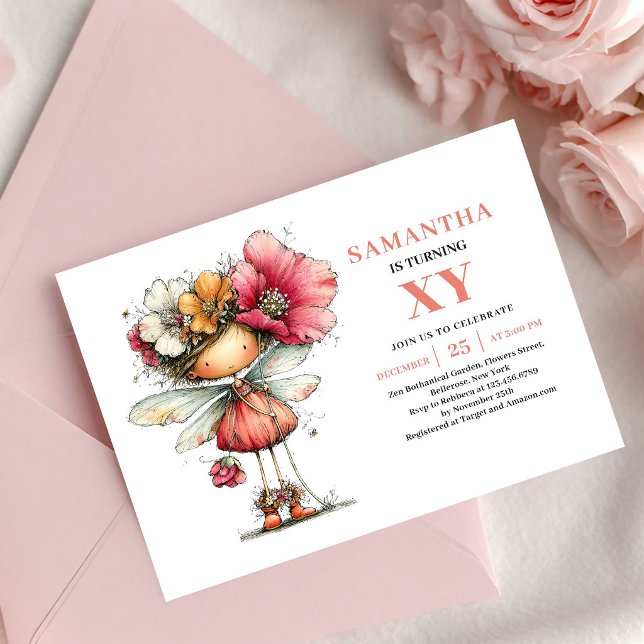 Carte Fleurie de Romantique Fée Fille 3ème Anniver (Romantic Fairy Girl 3rd Birthday Blush Floral invitation)