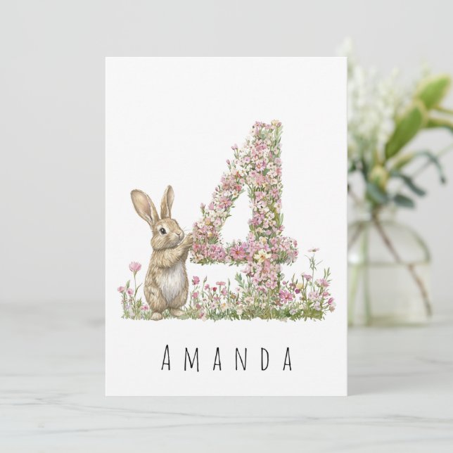 Carte Fleurie Quatre Ans et Lapin (Debout devant)