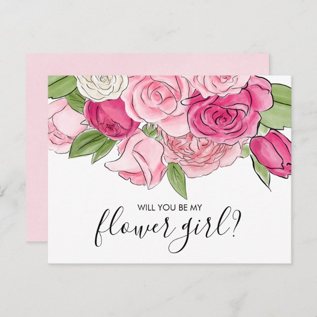 Carte Fleuriste Fleurs Roses Aquarelle (Devant / Derrière)