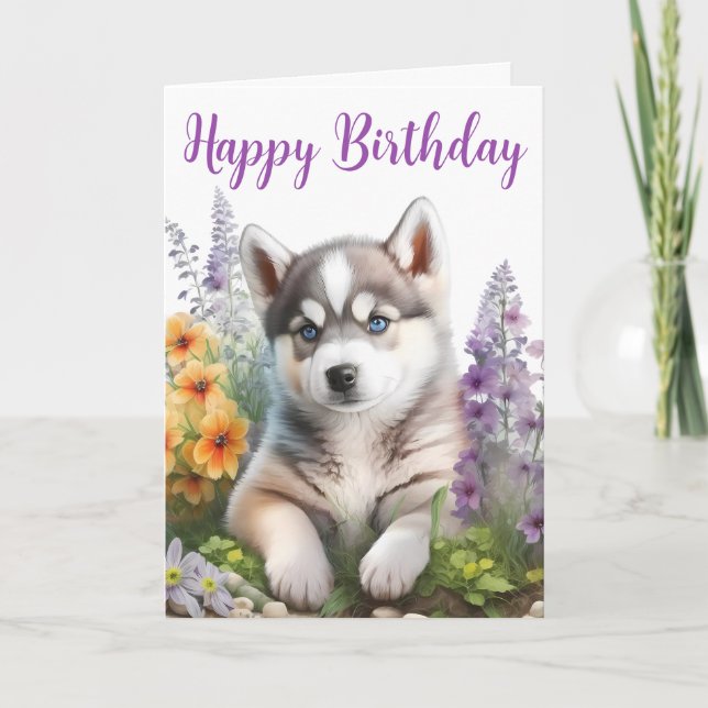 Carte Fleurs à l'aquarelle et chiot husky sibérien (Devant)