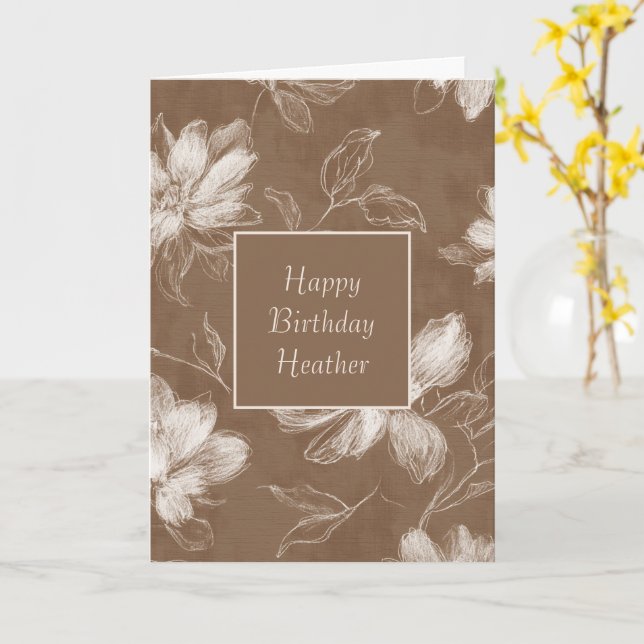 Carte Fleurs Abstraites Marron Blanc Anniversaire (Fleur jaune)