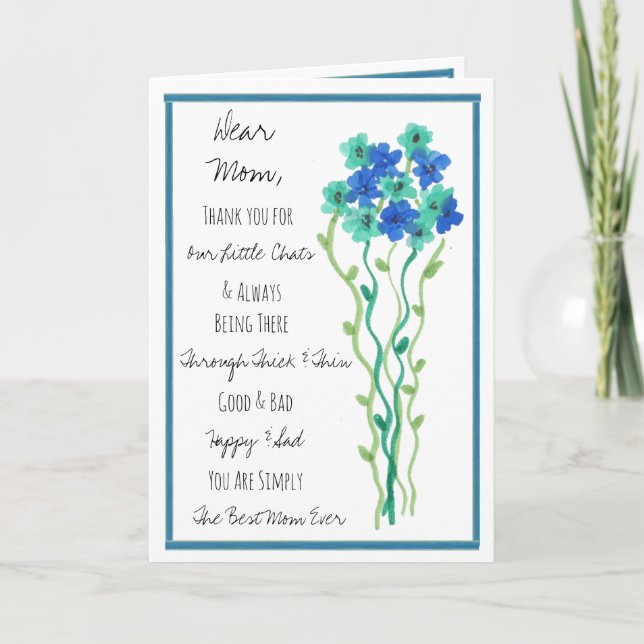 Carte Fleurs Aquarelle Bleue Joyeux Anniversaire Maman (Devant)