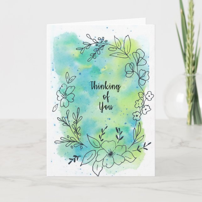 Carte Fleurs aquarelles bleu sarcelle vierges pensées po (Devant)