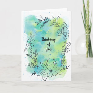 Carte Fleurs aquarelles bleu sarcelle vierges pensées po