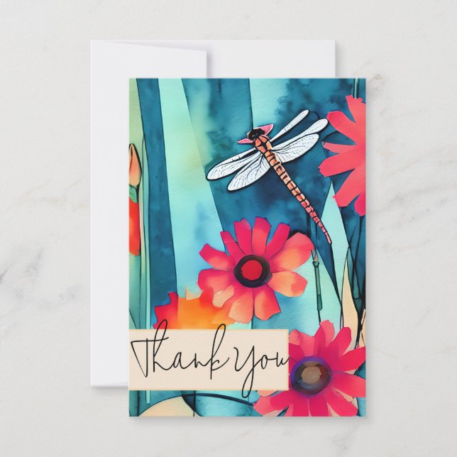 Carte Fleurs aquarelles et libellule personnalisables (Devant)