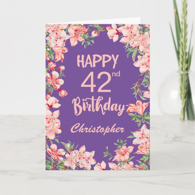 Carte Fleurs aquarelles rose violet pêche pour 42e anniv (Devant)
