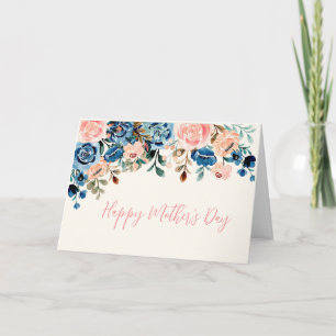 Carte Fleurs aquarelles roses et bleues pour la fête des